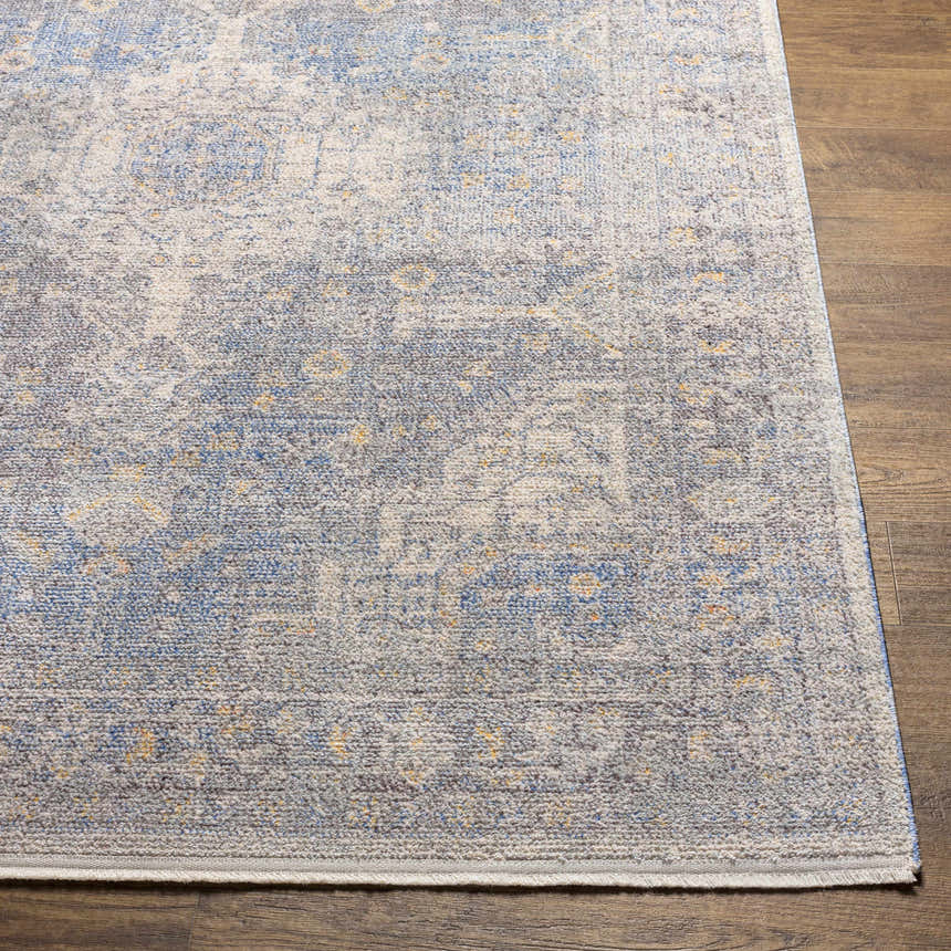 Close-up of the Akio Blue Area Rug showing its traditional oriental design, blue, ivory, and mustard colors, and soft texture. Front