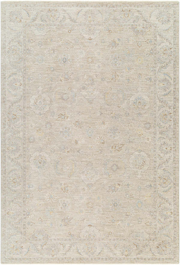 Close-up of the Iikka Thick Luxe Area Rug in cloud gray, lambswool, and light brown with a traditional floral pattern. Design-Rectangle-6796