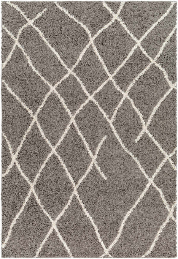 Close-up of the Ildri Area Rug. Gray shag rug with a cream geometric diamond pattern. Farmhouse style. Design-Rectangle-537
