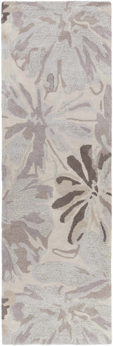 Close-up of Ilfeld Athena Gray Floral Wool Rug. Neutral tones, abstract floral design, hand-tufted texture. Design-Runner-268