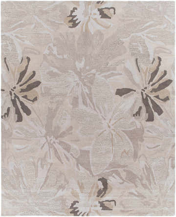 Close-up of the Ilfeld Athena Gray Floral Wool Rug, featuring a neutral taupe, brown, and gray floral pattern. Design-Rectangle-7696