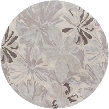 Round Ilfeld Athena Gray Floral Wool Rug featuring a gray, taupe, and brown floral pattern. Hand-tufted texture. Design-Round-8