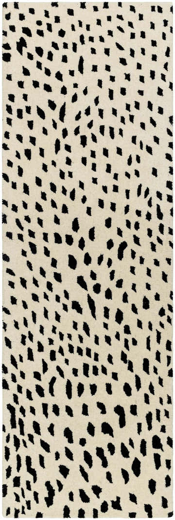 Close-up of the Athena White Giraffe Print Wool Rug, featuring a black animal print design on an off-white, hand-tufted wool texture. Design-Runner-268