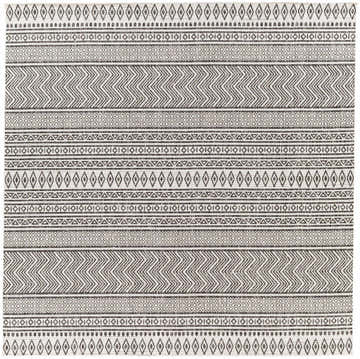 Close-up of the Imboden Black&White Outdoor Rug featuring a bohemian pattern with black chevron and diamond designs. Design-Square-67