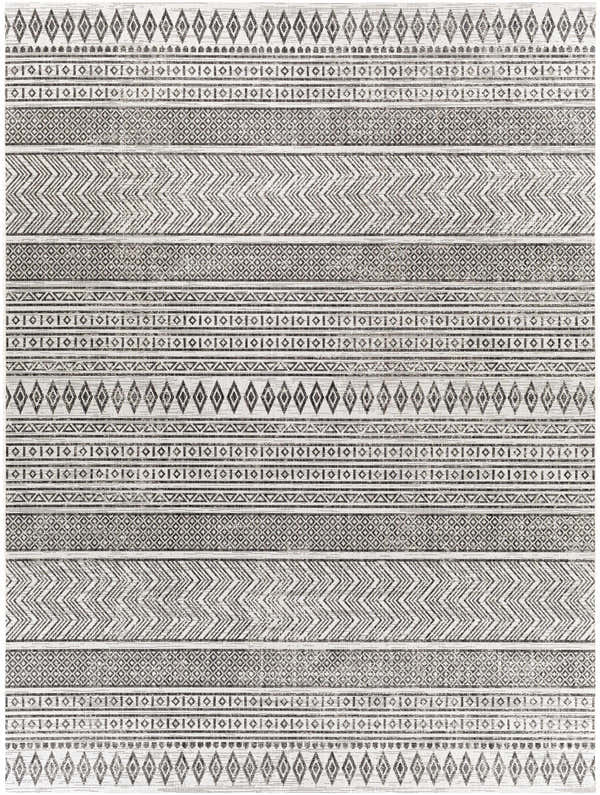 Close-up of the Imboden Black&White Outdoor Rug. Features a bohemian striped pattern with diamond, chevron, and geometric designs. Design-Rectangle-710103