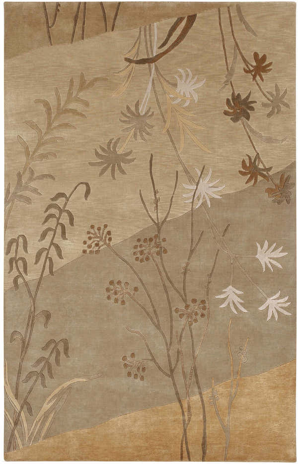 Close-up of the hand-knotted Imlay Area Carpet. Brown, dark brown, and mustard floral design on a wool, rectangular rug. Design-Rectangle-58