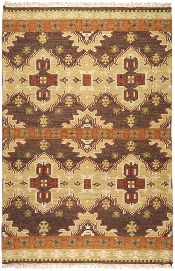 Close-up of the Inavale Area Rug. Hand-woven wool rug with beige, burnt orange, and brown Southwestern-style geometric patterns. Design-Rectangle