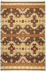 Close-up of the Inavale Area Rug. Hand-woven wool rug with beige, burnt orange, and brown Southwestern-style geometric patterns. Design-Rectangle