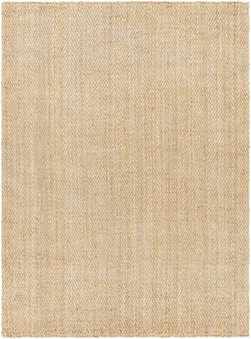 Close-up of the Inchinnan Jute Rug showing its natural jute and tan colors with a hand-woven herringbone pattern. Design-Rectangle-810