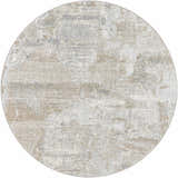 Round Indah Thick Luxe Area Rug in cloud gray, dark brown, and nutmeg. Contemporary style with a distressed pattern. Design-Round-53
