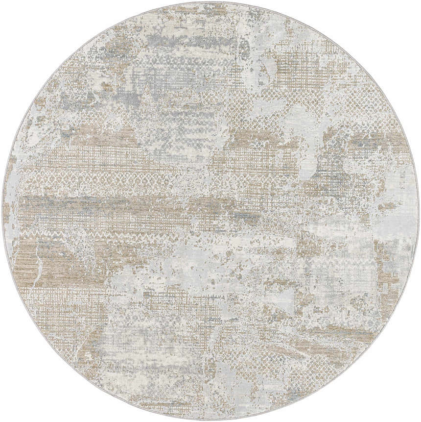 Round Indah Thick Luxe Area Rug in cloud gray, dark brown, and nutmeg. Contemporary style with a distressed pattern. Design-Round-53