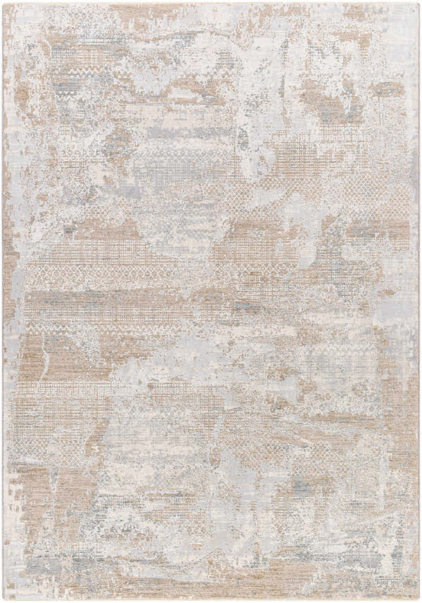 Close-up of the Indah Thick Luxe Area Rug. Contemporary style in cloud gray, medium brown, and light gray colors. Design-Rectangle-575