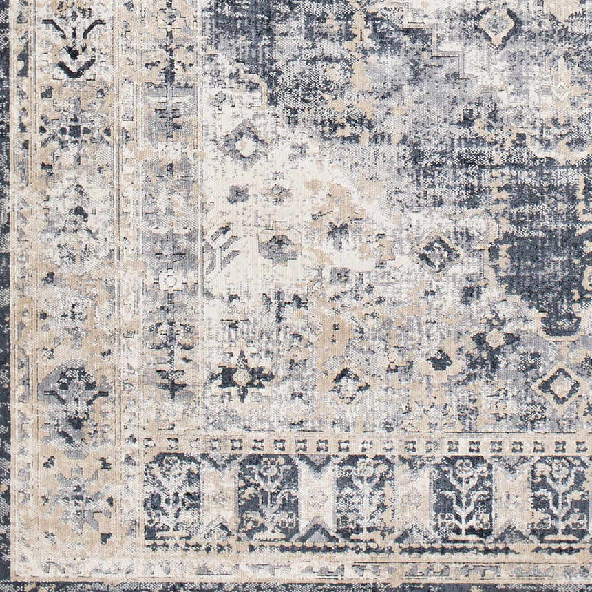 Close-up of the Indore Area Rug. Machine-woven rug in black, charcoal, gray, off-white, and tan with a traditional pattern. Swatch