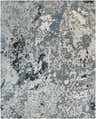 Close-up of the Ingomar Area Rug. Contemporary design in black, denim, sage, gray, navy, and off-white. Hand-knotted viscose texture. Design-Rectangle-810
