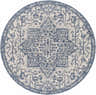 Close-up of the round Dark Blue Kilmacolm Indoor Outdoor Area Rug. Cream and denim floral pattern. Design-Round-67