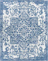 Close-up of the Dark Blue Kilmacolm Indoor & Outdoor Area Rug. Features a cream and dark blue traditional pattern. Design-Rectangle-710102