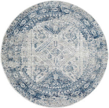 Close-up of the round Inkom Area Rug. Features a traditional, vintage-inspired design in blue, light gray, navy, and white. Design-Round-53
