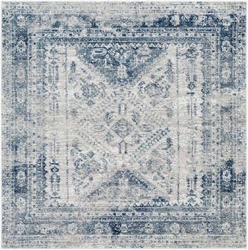Close-up of the Inkom Area Rug, showcasing its blue and light gray vintage-inspired traditional pattern. Design-Square-67
