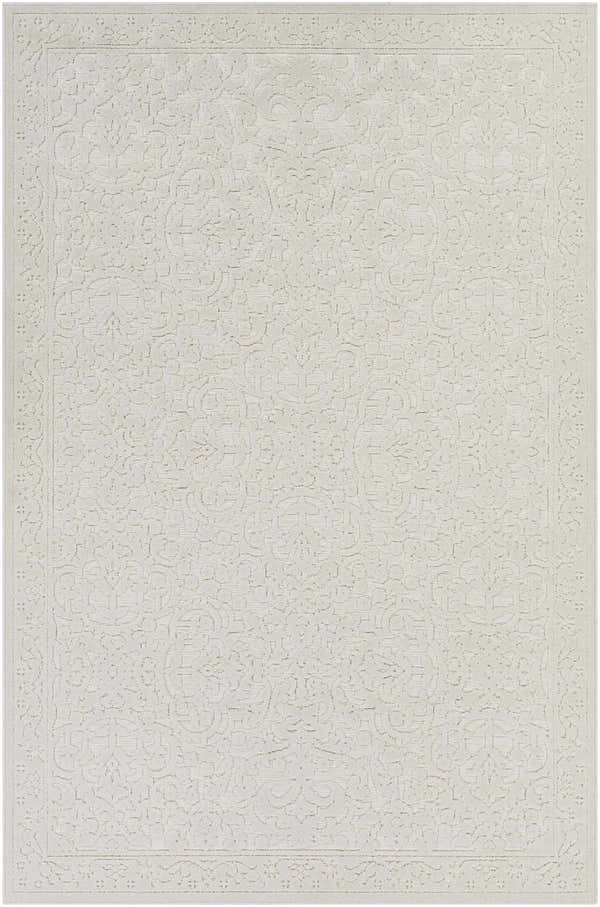 Close-up of the beige Innaloo 3D Outdoor Area Rug with a subtle, raised Bohemian-style floral pattern and border. Design-Rectangle-5373