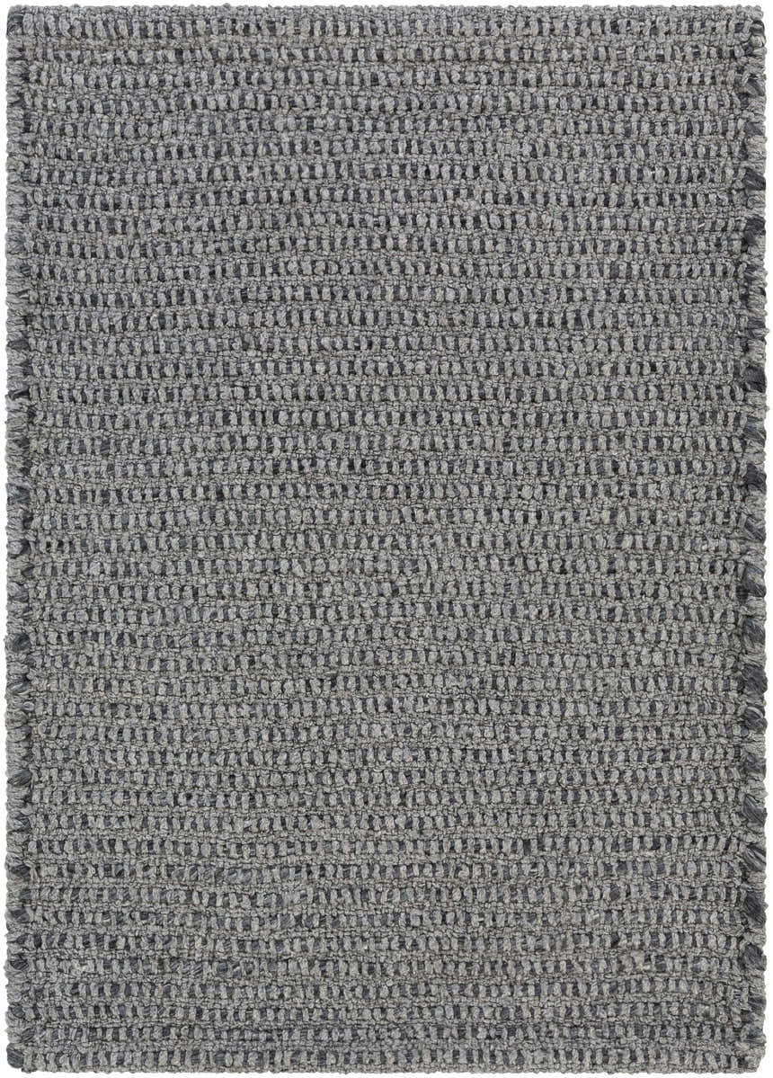 Close-up of the hand woven Innisfail Area Rug. Medium gray and black cotton blend with a textured, striped design. Design-Rectangle-23
