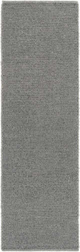Close-up of the Innisfail Area Rug. Hand-woven rug in medium gray with a subtle, textured, solid and striped pattern. Design-Runner-268