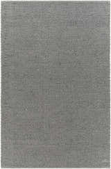 Close-up of the gray Innisfail Area Rug, a hand-woven, solid-color rug with a subtle striped texture. Design-Rectangle-576