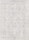 Close-up of the Ipplepen Area Rug. Hand-knotted viscose rug in white with a subtle blue geometric pattern and border. Design-Rectangle-69