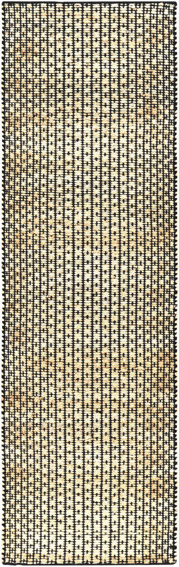 Close-up of Iqaluit Natural Jute Rug. Hand-woven rug with black grid pattern on light beige jute. Contemporary, farmhouse style. Design-Runner-268