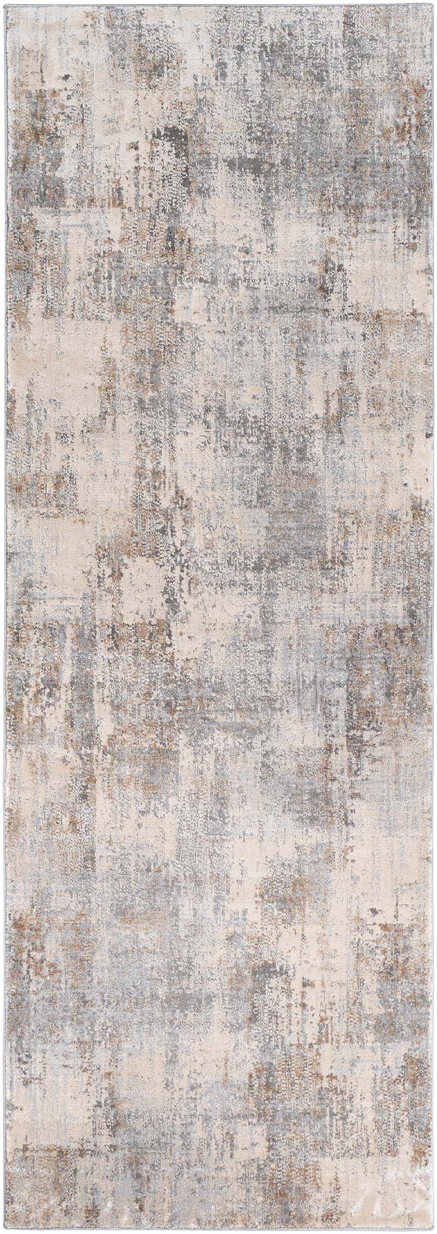 Close-up of the Ironwood Textured Luxe Rug. Abstract design with charcoal, gray, light gray, medium brown, and taupe tones. Design-Runner-2773