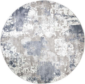 Round Iroquois Area Rug in denim, ivory, light gray, and medium gray with a contemporary abstract pattern. Design-Round-710