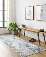 Entryway with light wood floors, bench, and blue and gray Iryna Area Rug runner. Roomscene-Runner
