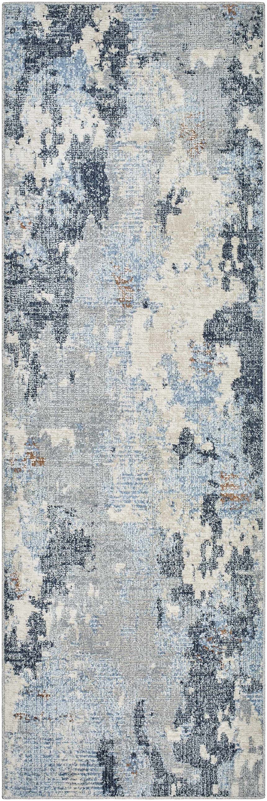 Close-up of the Iryna Area Rug. Contemporary design with charcoal, gray, and brown abstract patterns. Machine woven texture. Design-Runner-268