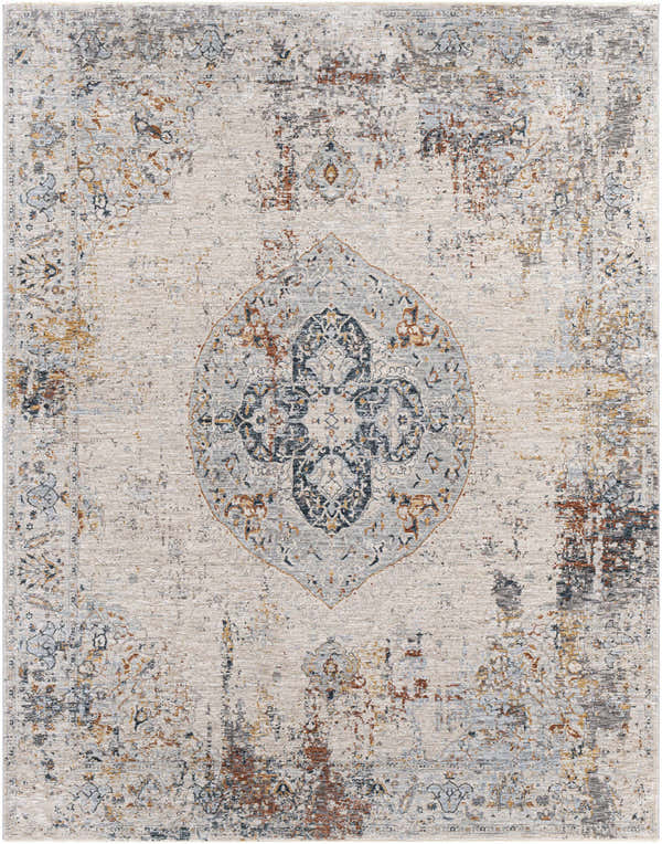 Close-up of the Isaac Luxe Rug. Beige rug with an oriental pattern in brick red, charcoal, cream, and gray hues. Design-Rectangle-710103