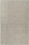 Close-up of the hand-tufted Isamu Area Rug; a farmhouse style rug in dusty sage and medium gray with a geometric pattern. Design-Rectangle-576