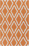 Close-up of Isanti Area Rug. Burnt orange wool rug with cream and charcoal geometric diamond pattern. Hand woven texture. Design-Rectangle-58