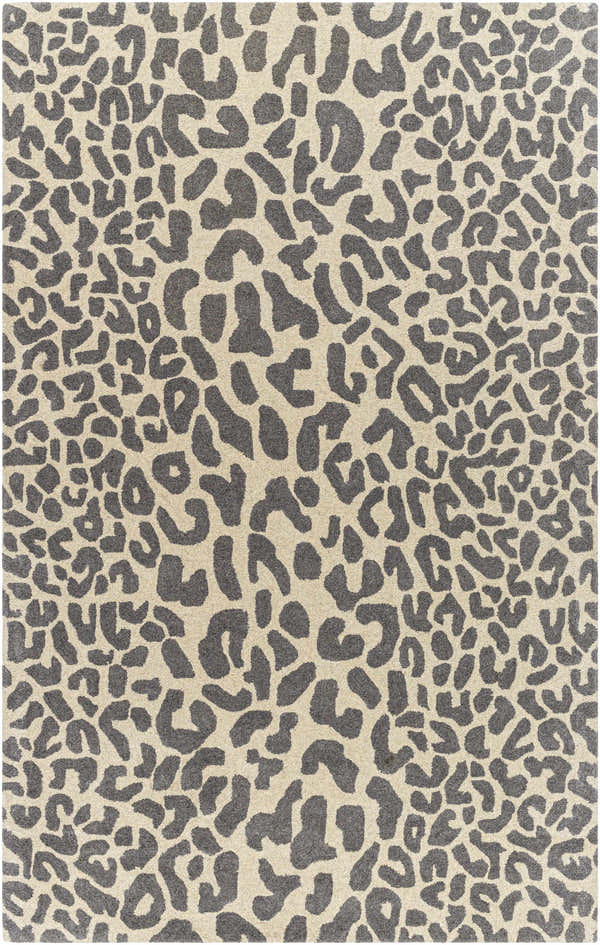 Close-up of the Iseul Leopard Print Area Rug. Features a gray leopard pattern on a taupe background. Hand-tufted wool rug. Design-Rectangle-58