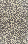 Close-up of the Iseul Leopard Print Area Rug. Features a gray leopard pattern on a taupe background. Hand-tufted wool rug. Design-Rectangle-58