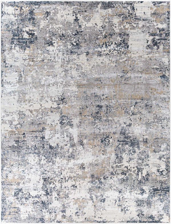 Close-up of the Islington Textured Luxe Area Rug with charcoal, blue, beige, gray, and yellow abstract design. Design-Rectangle-71010