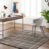 Home office with wood desk, gray chair, and gray Isoke Area Rug with a geometric pattern. Roomscene-Rectangle