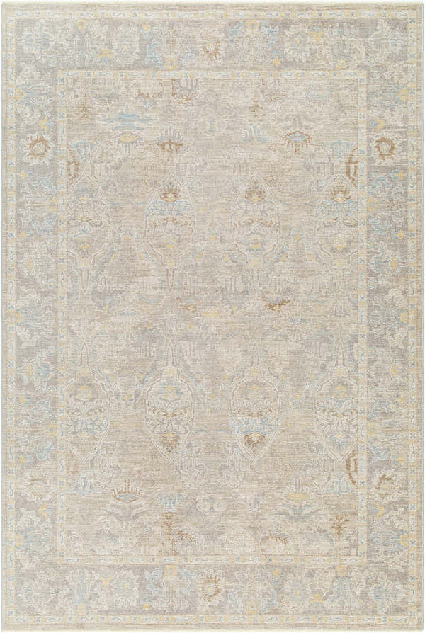 Close-up of the Istas Thick Luxe Area Rug in cloud gray with traditional floral patterns and a soft, plush texture. Design-Rectangle-6796