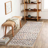 Entryway scene with a geometric Itogon Area Rug runner, wood bench, and bookshelf. Bohemian style. Roomscene-Runner