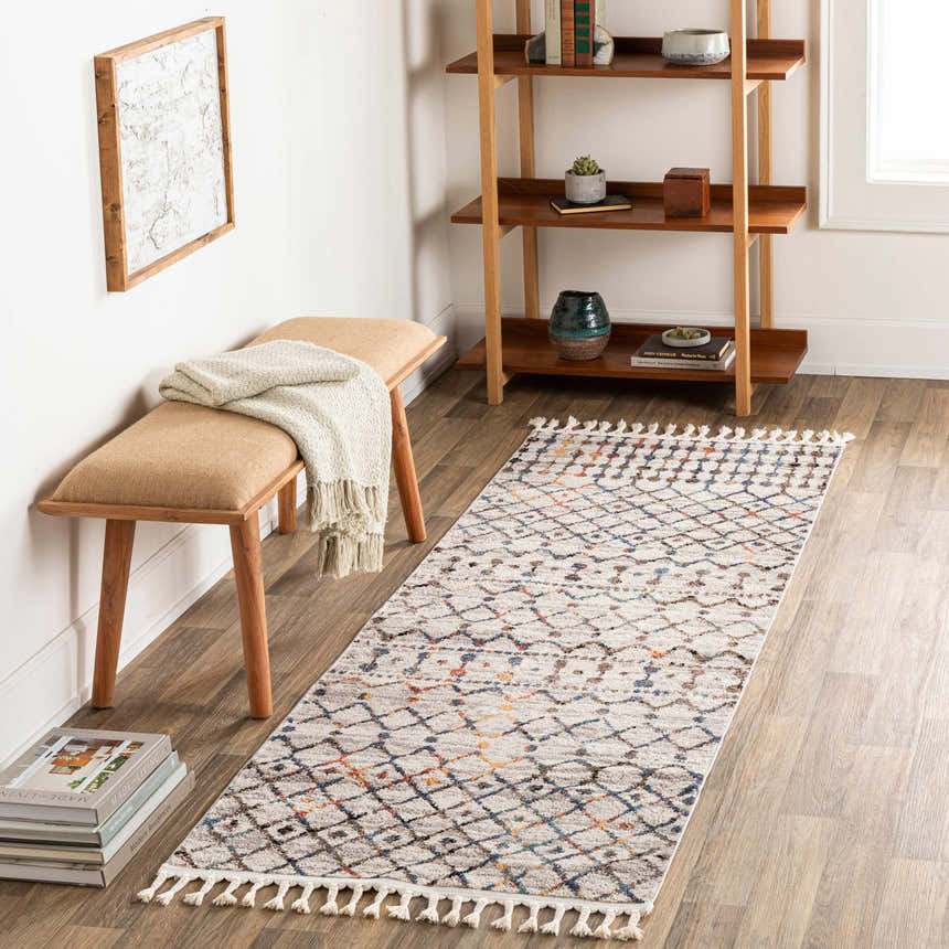 Entryway scene with a geometric Itogon Area Rug runner, wood bench, and bookshelf. Bohemian style. Roomscene-Runner
