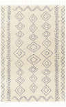 Close-up of Jabonga Area Rug. Cream rug with gray diamond pattern and tassels. Farmhouse style. Design-Rectangle-537