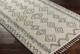 Close-up of the Jabonga Area Rug showing its cream color, geometric pattern, soft texture, and fringe detail on dark wood floor. Corner