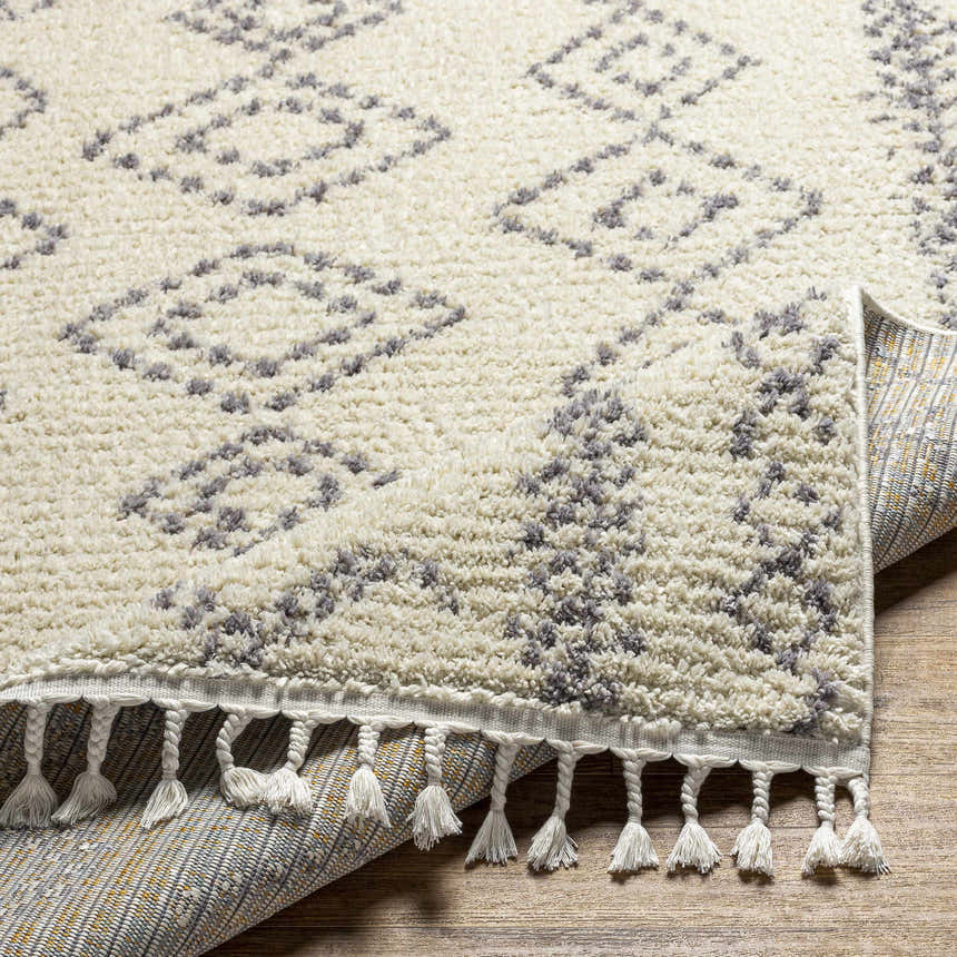 Close up of the Jabonga Area Rug showing its ivory shag texture, gray geometric pattern, and tassel fringe. Fold