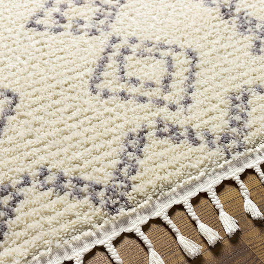Close up of the Jabonga Area Rug, featuring a geometric gray pattern, shaggy texture, and white tassels. Texture