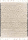 Close-up of the Jacana Area Rug. Cream cotton rug with gray geometric diamond pattern and tassels. Hand woven. Design-Rectangle-810