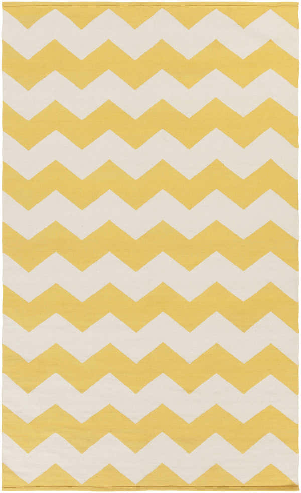 Close-up of the Jackman Area Rug, a hand-woven cotton rug with a bold yellow and ivory chevron pattern. Design-Rectangle-58