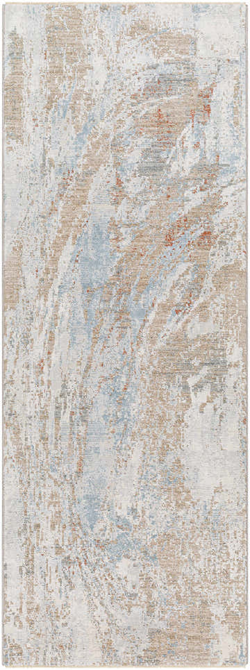 Close-up of the Jaela Thick Luxe Area Rug, featuring a contemporary abstract design in brown, gray, and light blue hues. Design-Runner-2773