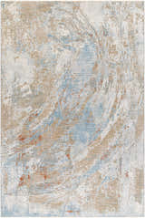 Close-up of the Jaela Thick Luxe Area Rug with a contemporary abstract design in brown, gray, and light blue tones. Design-Rectangle-6796